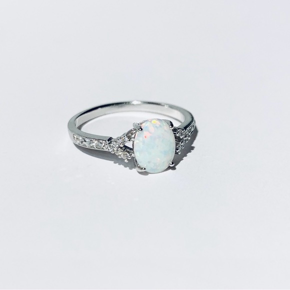 Sterling Silver Solitaire White Lab Opal Ring with CZ, Engagement Rings - Picture 3 of 8